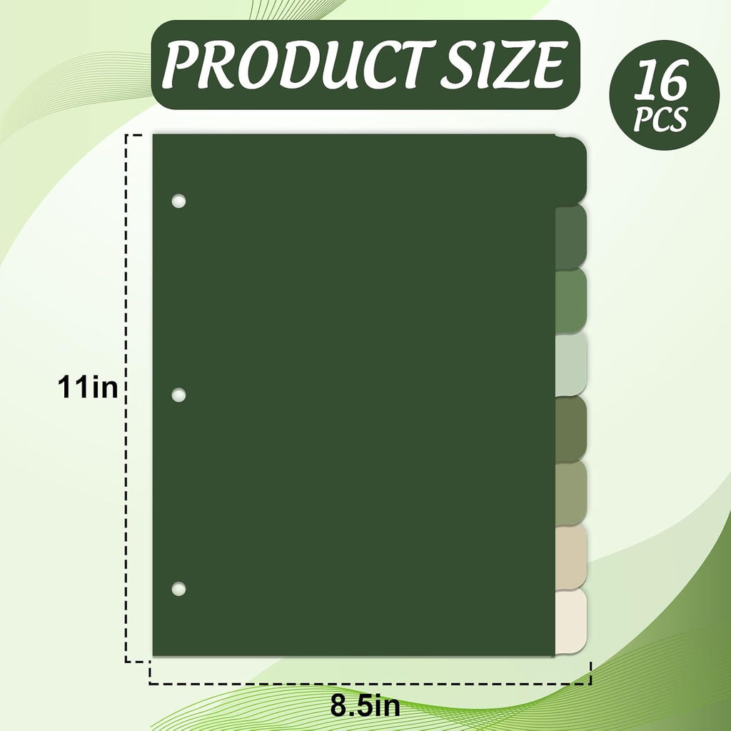 16Pcs/2Set Sage Green 3 Ring Binder Dividers, Colored Index Divider | Gradient Green Colorful, Plastic Page Folder