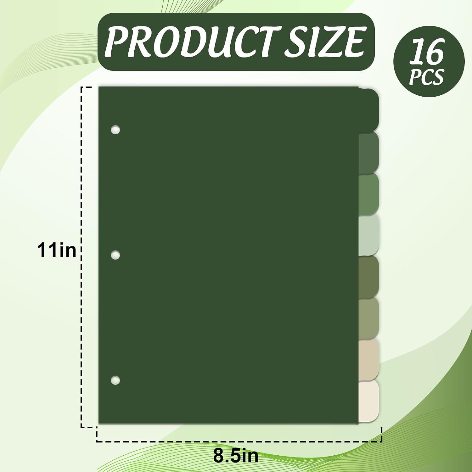 16Pcs/2Set Sage Green 3 Ring Binder Dividers, Colored Index Divider | Gradient Green Colorful, Plastic Page Folder