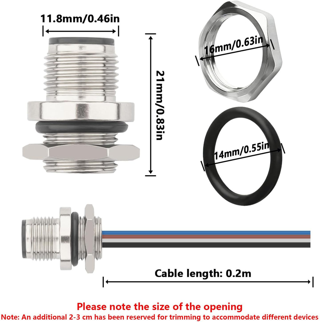 2PCS M12 4Pin A Coded Male Connector Cable 0.7FT