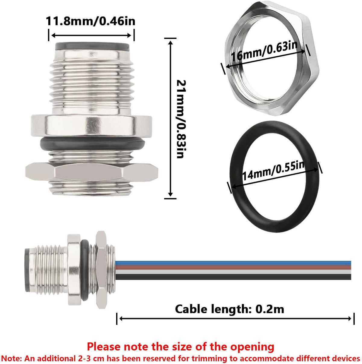 2PCS M12 4Pin A Coded Male Connector Cable 0.7FT