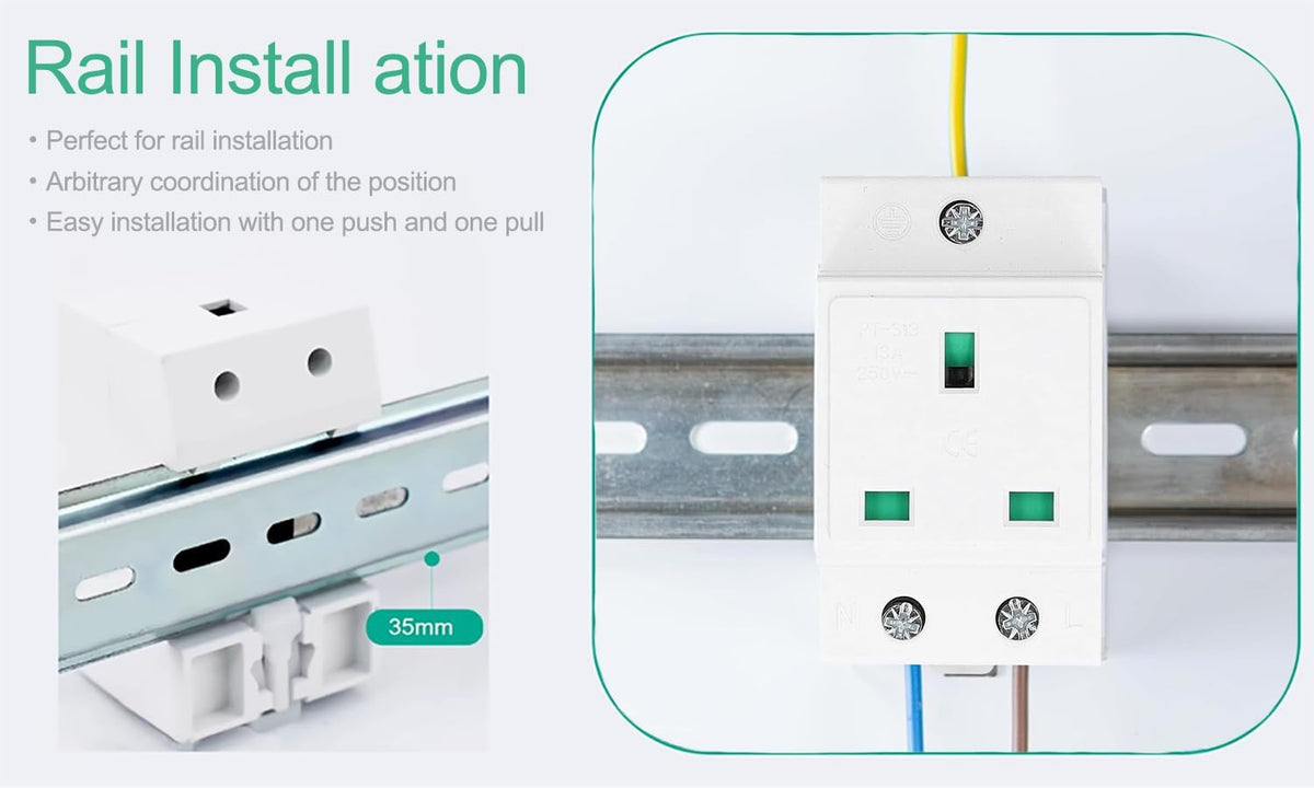 DIN Rail Socket, DIN Rail Mount Modular Power Socket Single AC Outlet, Built in Protective Outlet for Distribution Panel (US AC110?250V 15A)