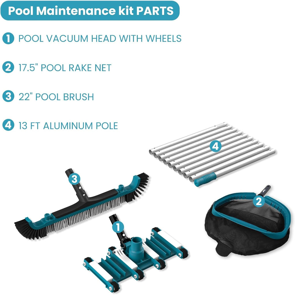 Deluxe Swimming Pool Cleaning Kit Including Pool Net and Vacuum Head, Pool Brush with 13Ft Pole for Above Ground &