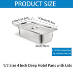 4 Set Steam Table Pan with Lid, 1/3 Size 4 Inch Deep Hotel Pans with Lid, Stainless Steel Commercial Catering Pan