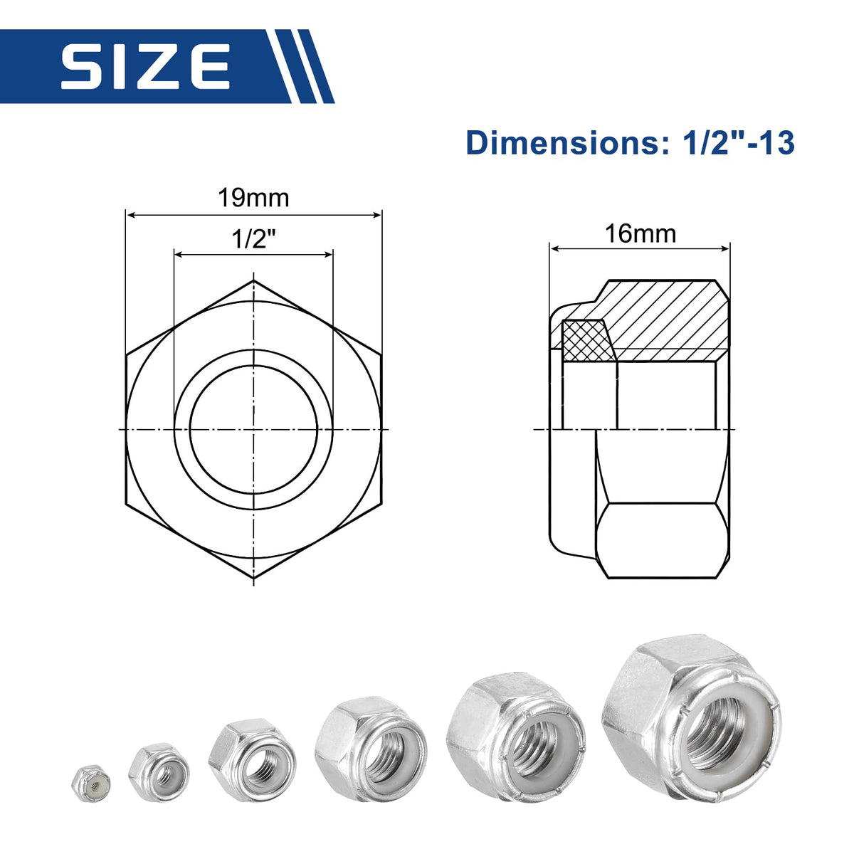 Kozelo 10Pcs 1/2"-13 Nylon Locking Hex Nuts 316 StainlessSteel Silver