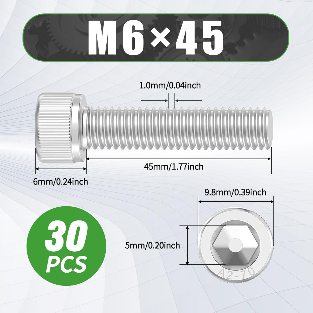 30 Pcs M6 x 45mm Hex Socket Cap Head Screws Bolts - 304 Stainless Steel