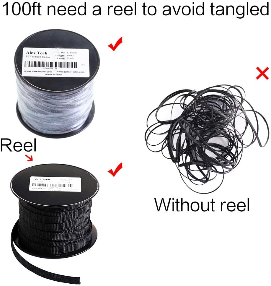 100ft - 1/4 inch PET Expandable Braided Sleeving – Black – Alex Tech Braided Cable Sleeve