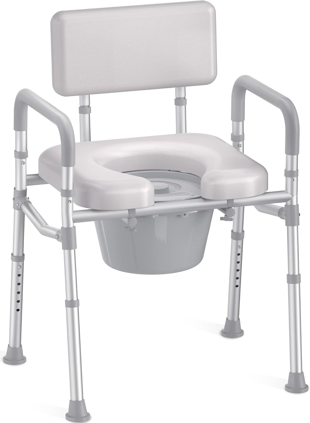 Bedside Commode with Padded Seat and Backrest, Aluminum Commode Toilet with Bucket, Easy Cleaning Portable Toilet for
