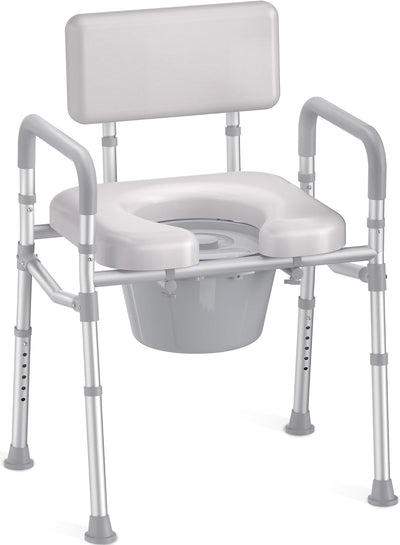 Bedside Commode with Padded Seat and Backrest, Aluminum Commode Toilet with Bucket, Easy Cleaning Portable Toilet for