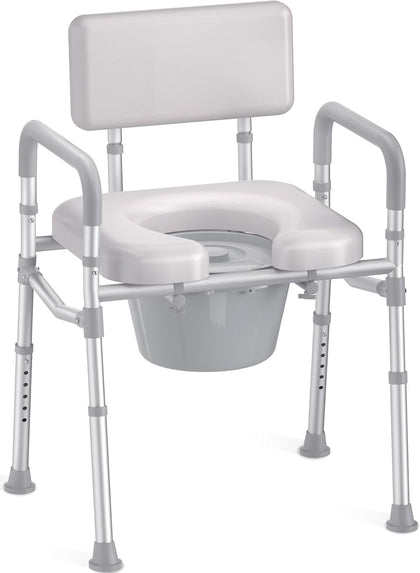 Bedside Commode with Padded Seat and Backrest, Aluminum Commode Toilet with Bucket, Easy Cleaning Portable Toilet for