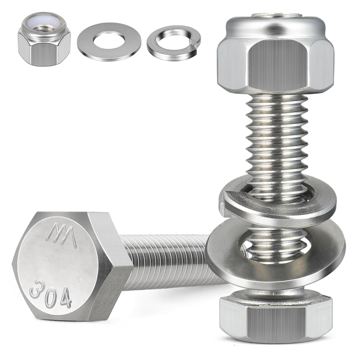 (4 Sets) 3/8-16 x 2-1/2" Hex Head Screw Bolt,Lock Nuts,Flat & Lock Washers Kits,304 Stainless Steel 18-8,Fully Threaded