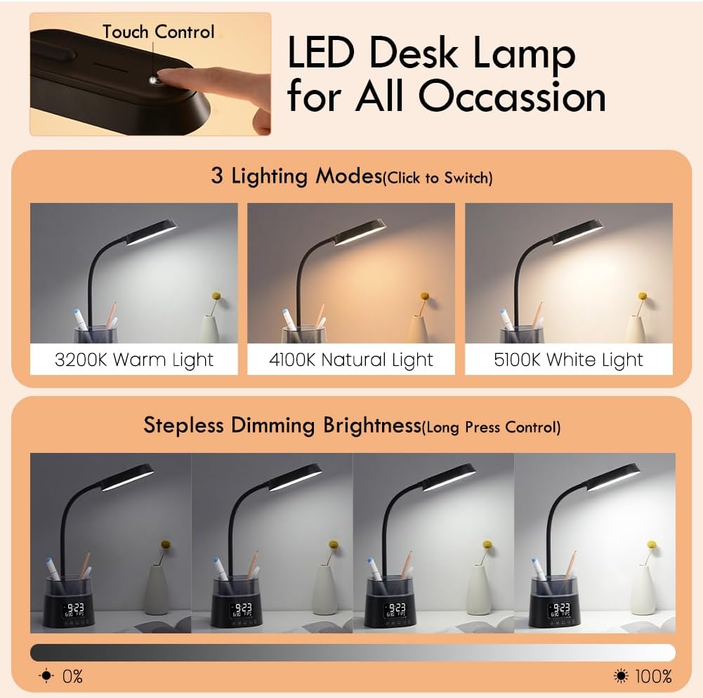 LED Kids Desk Lamp, Dimmable Study Lamp for Home Office Desk Accessories, with Pen Holder & Clock, USB Charging Port