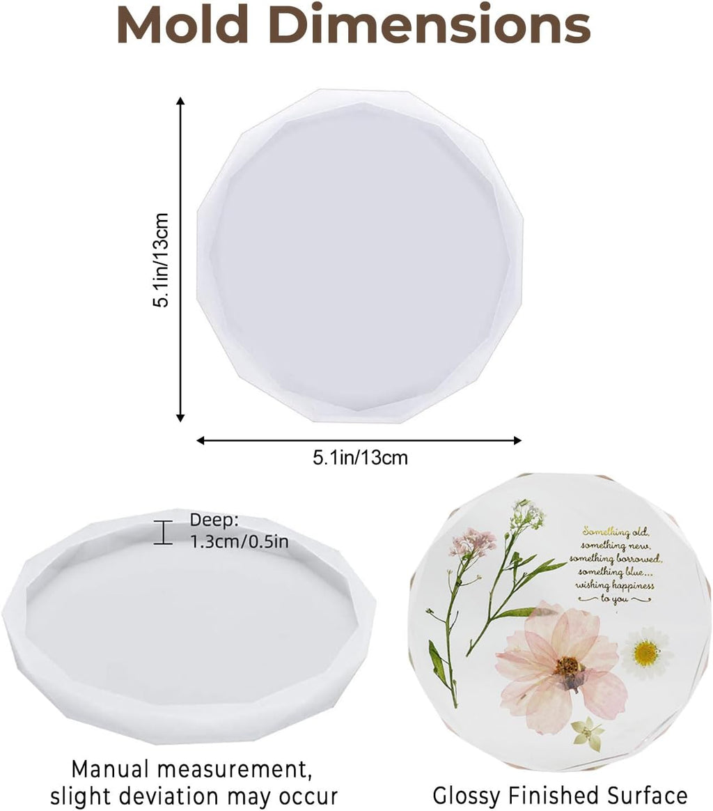 Resin Coaster Molds, 4 Pack Diamond Edge Round Molds for Resin Casting, Silicone Coaster Molds for Epoxy Resin