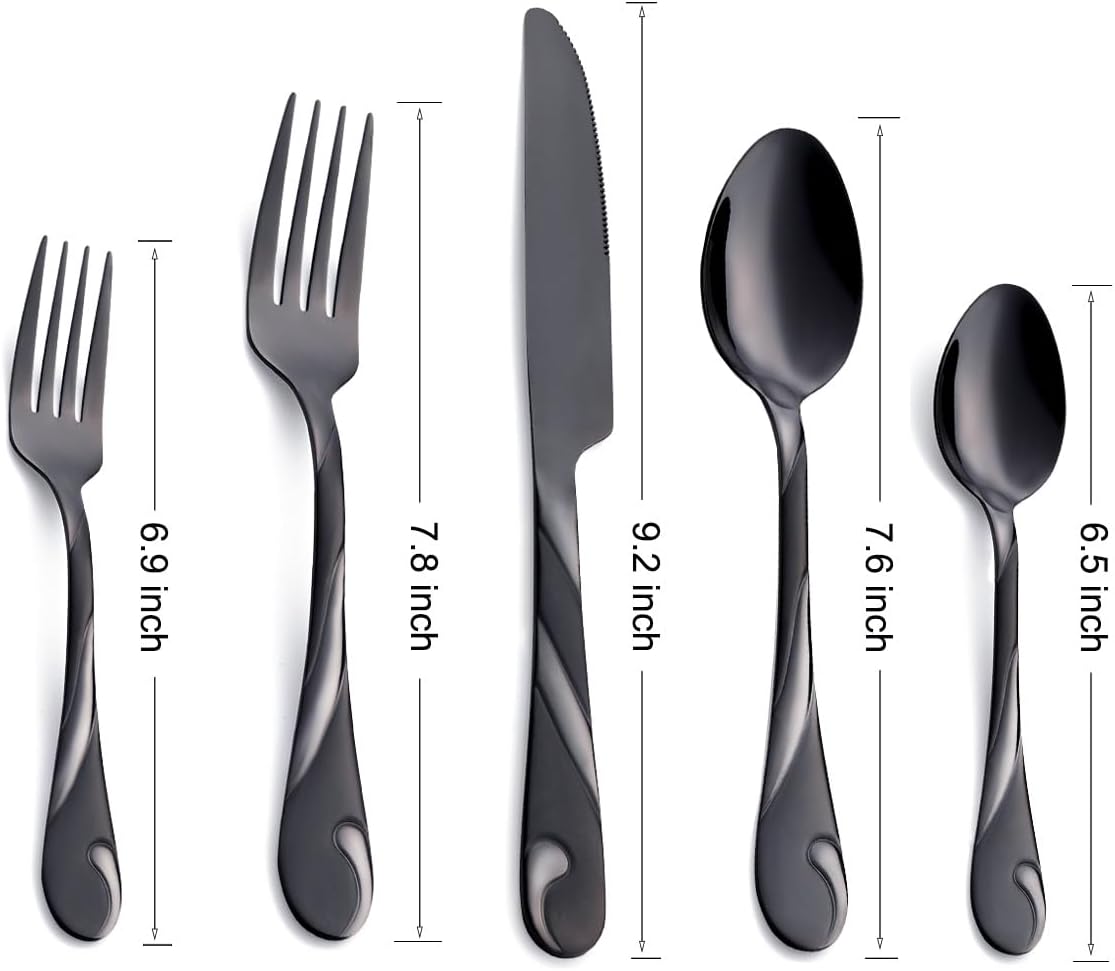 Black Silverware Set for 12, 60-Piece Stainless Steel Flatware Set, Shiny Black Metal Cutlery Set, Include Fork