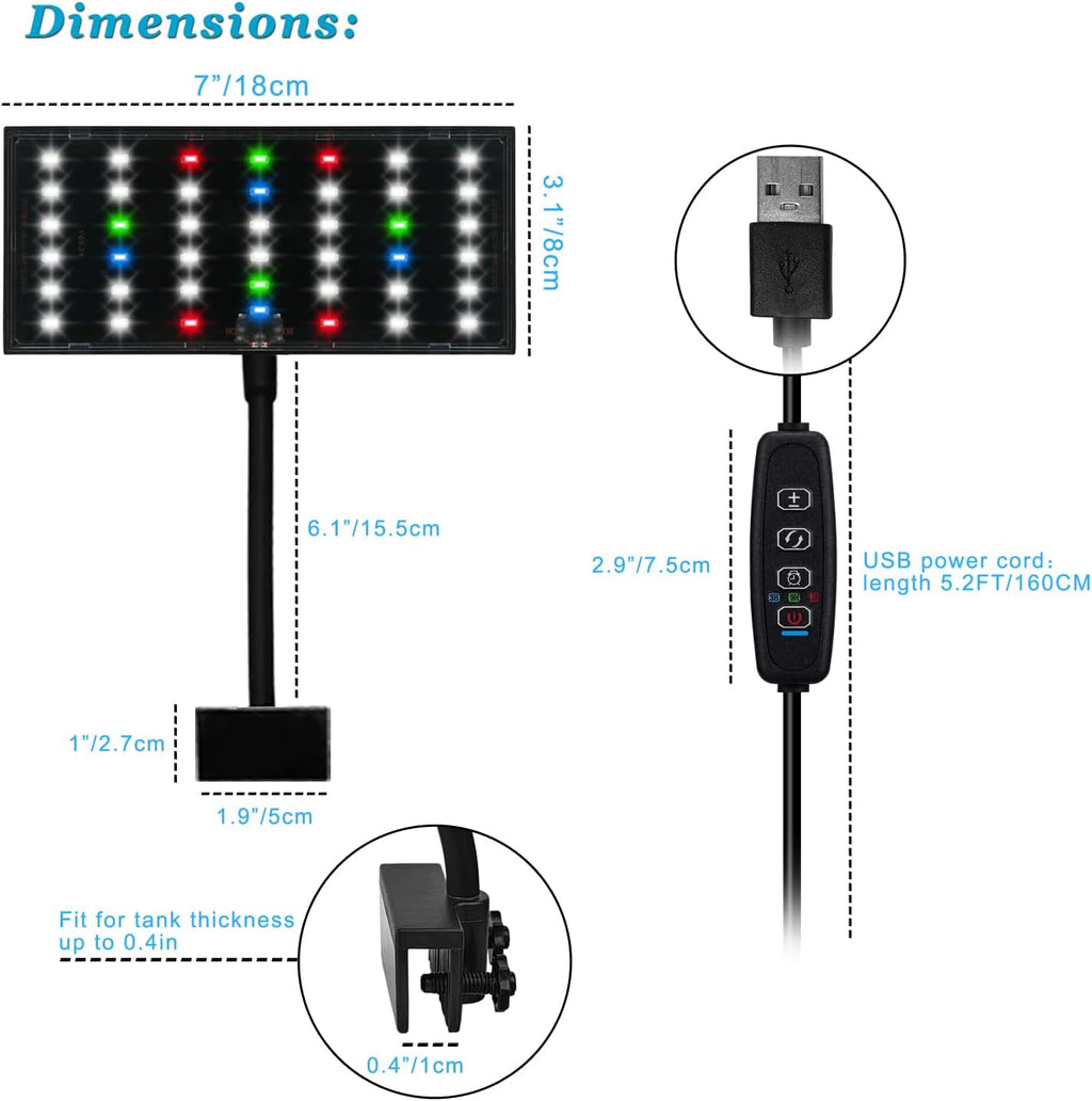 Clip On Aquarium Light with Timer for 3 to 8 Gal Fish Tank (Dimmable Full Spectrum LED) USB Moving Lamp for Open