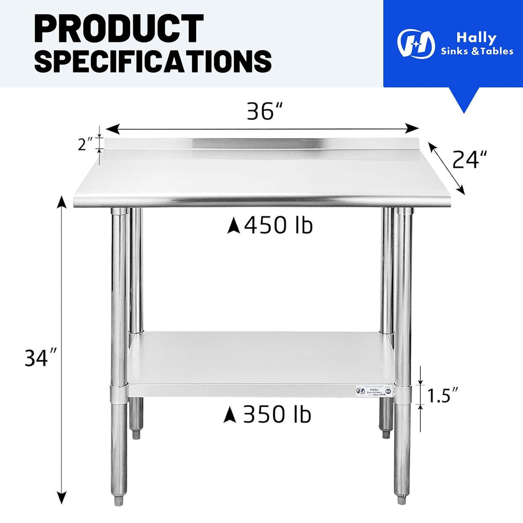 Hally Stainless Steel Table for Prep & Work 24" x 36" with Backsplash NSF