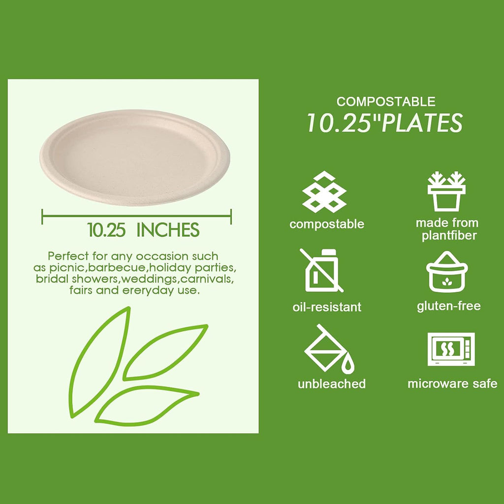 150 Pack Compostable Bagasse Paper Plates 10.25 inch, Nature