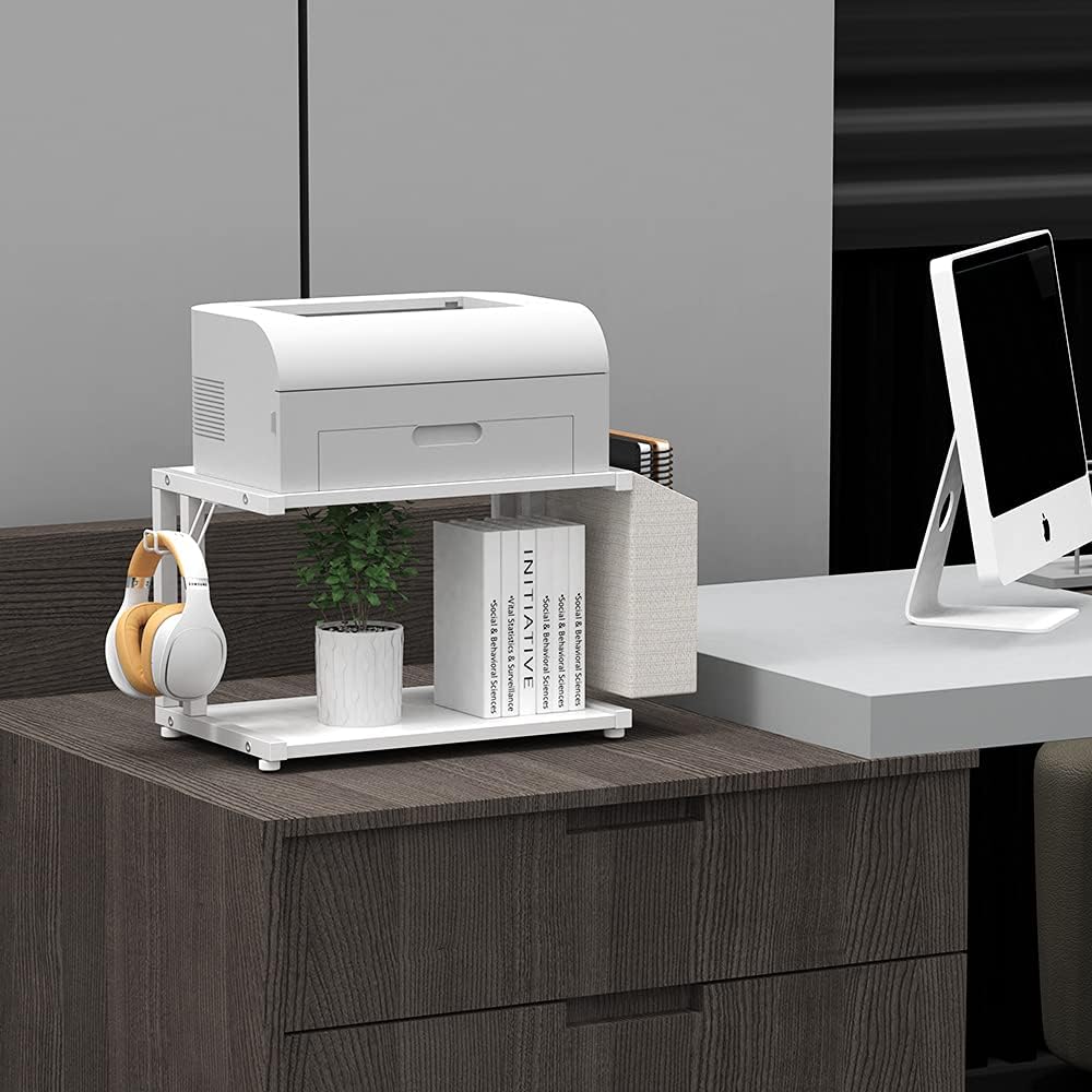 2 Tier Modern White Wooden Under Desk Printer Stand with Storage Bag for Home Office Desktop Printer Table Organizer