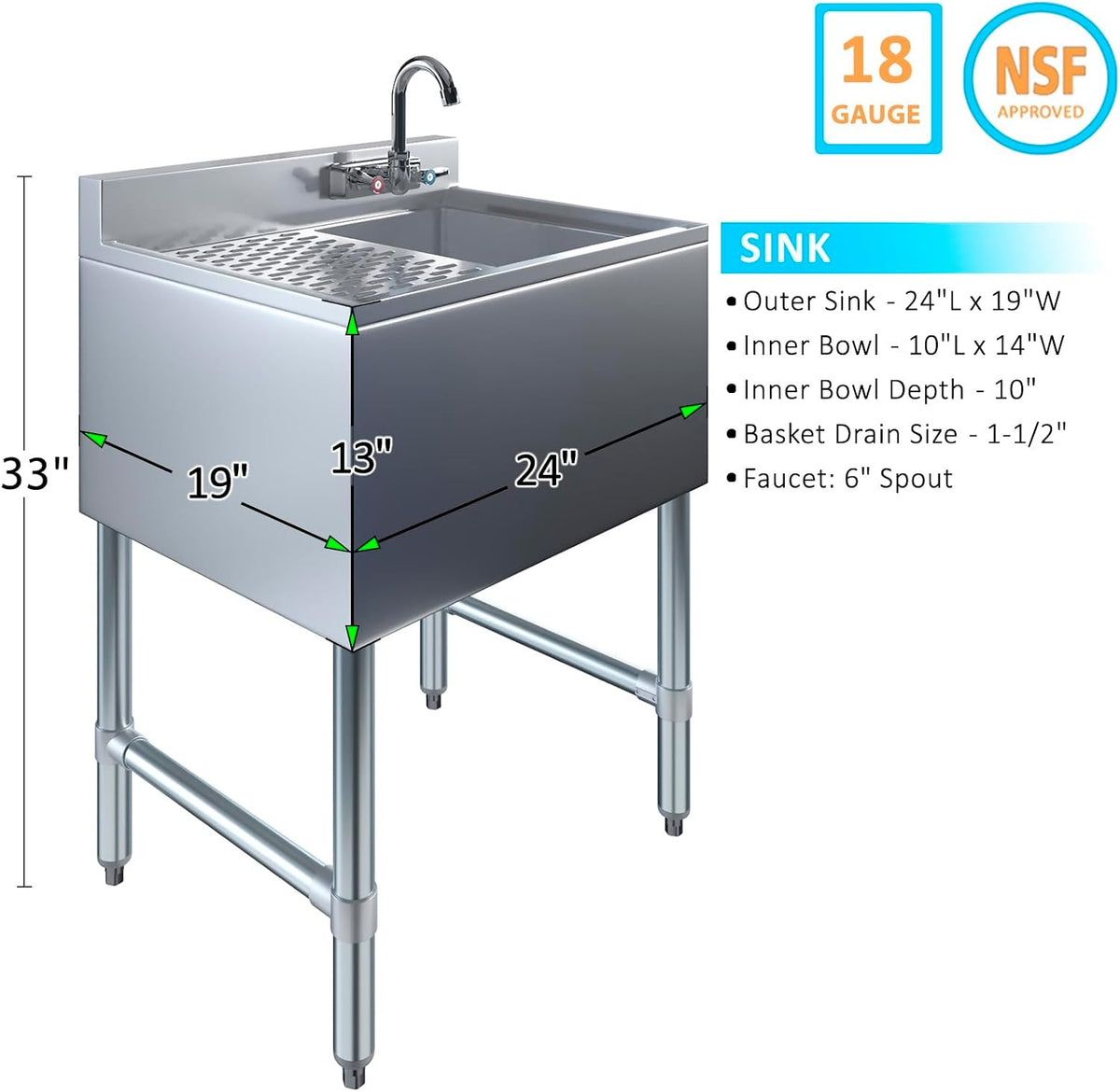 19" x 24" Stainless Steel One Compartment Sink - Express KitchQuip NSF
