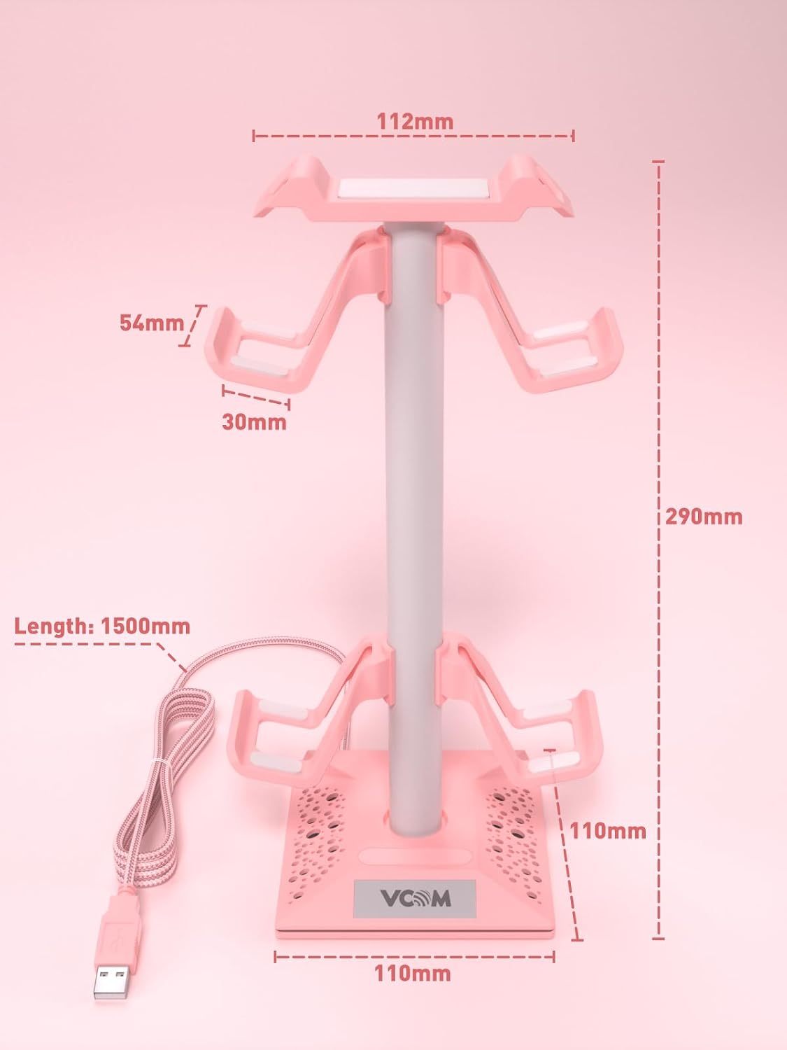 COM RGB Gaming Headphones Stand with 2 USB Ports, Pink Headset Stand with 10 Light Modes and Non-Slip Rubber