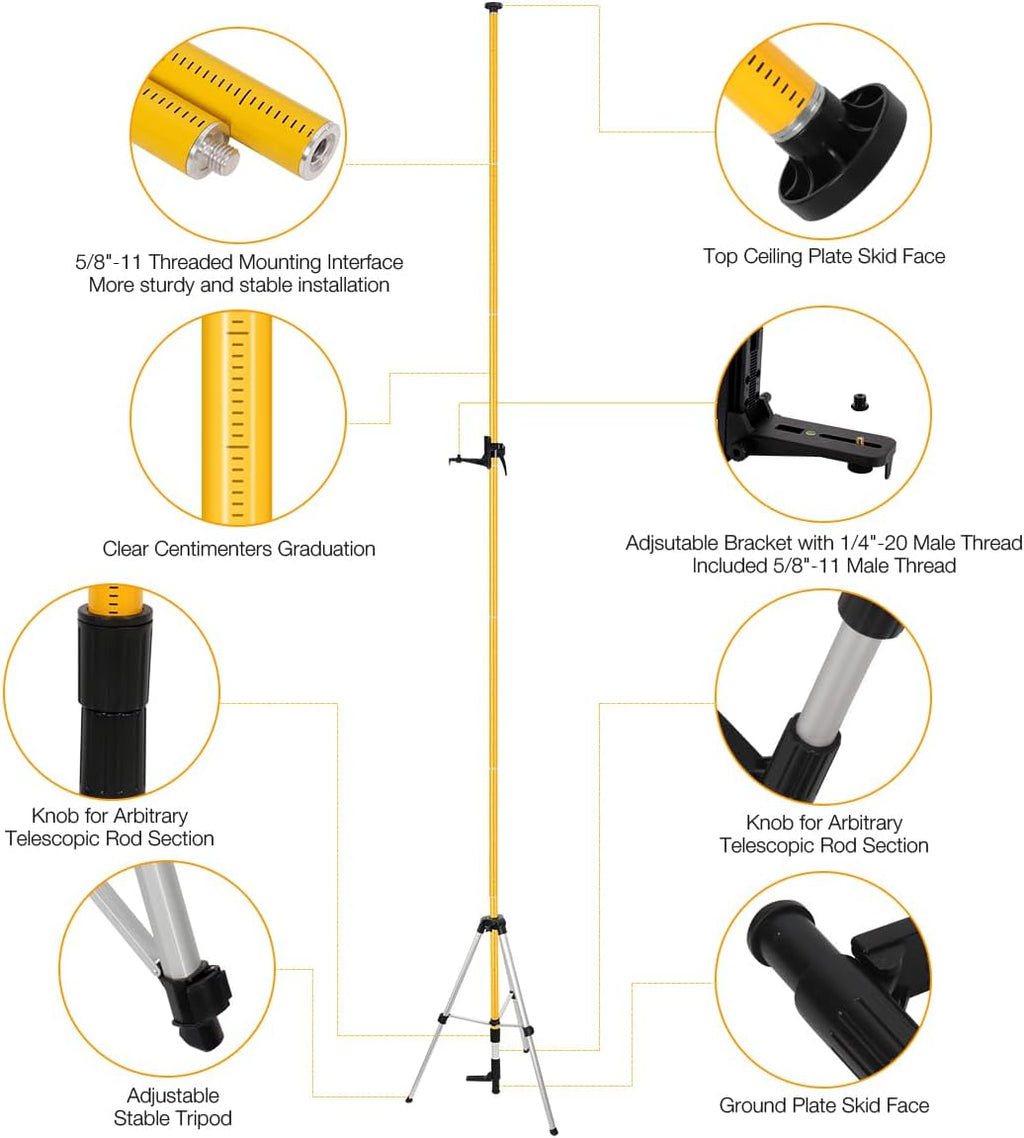 15.8Ft/4.8M Professional Laser Level Pole with Tripod & Mount - 1/4" & 5/8" Adapters, Adjustable Telescoping Laser
