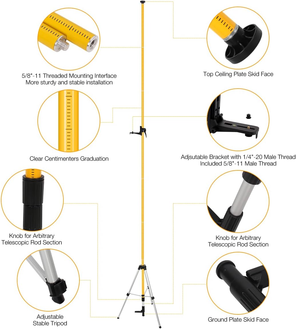 15.8Ft/4.8M Professional Laser Level Pole with Tripod & Mount - 1/4" & 5/8" Adapters, Adjustable Telescoping Laser