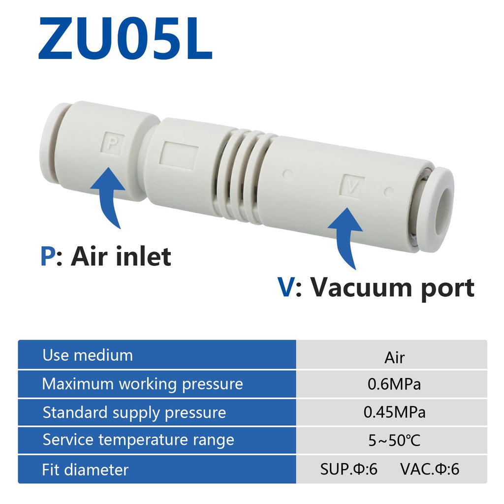 BAOMAIN Vacuum Ejector ZU05L, 6mm Tube, 0.5mm Large Flow (10-Pack)