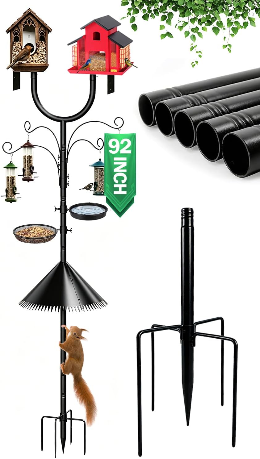 92 Inch Squirrel Proof Bird Feeder Pole, Heavy Duty Bird Feeder Stand, Adjustable Double Shepherds Hooks for Outdoor