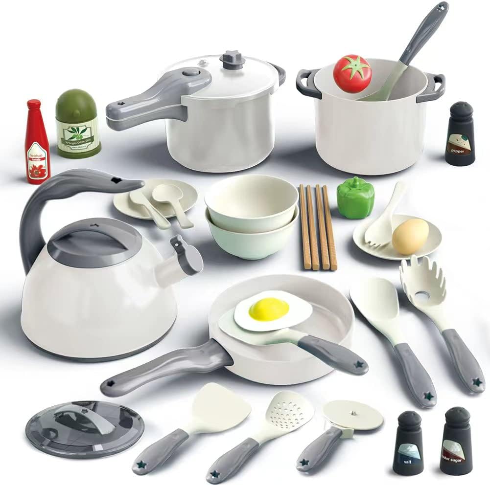 32Pcs Kids Play Kitchen Toys Set, Toddlers Pretend Cooking Playset Acccessories with Pots Pans, Utensils Cookware