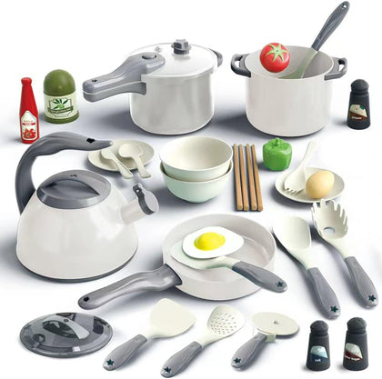 32Pcs Kids Play Kitchen Toys Set, Toddlers Pretend Cooking Playset Acccessories with Pots Pans, Utensils Cookware