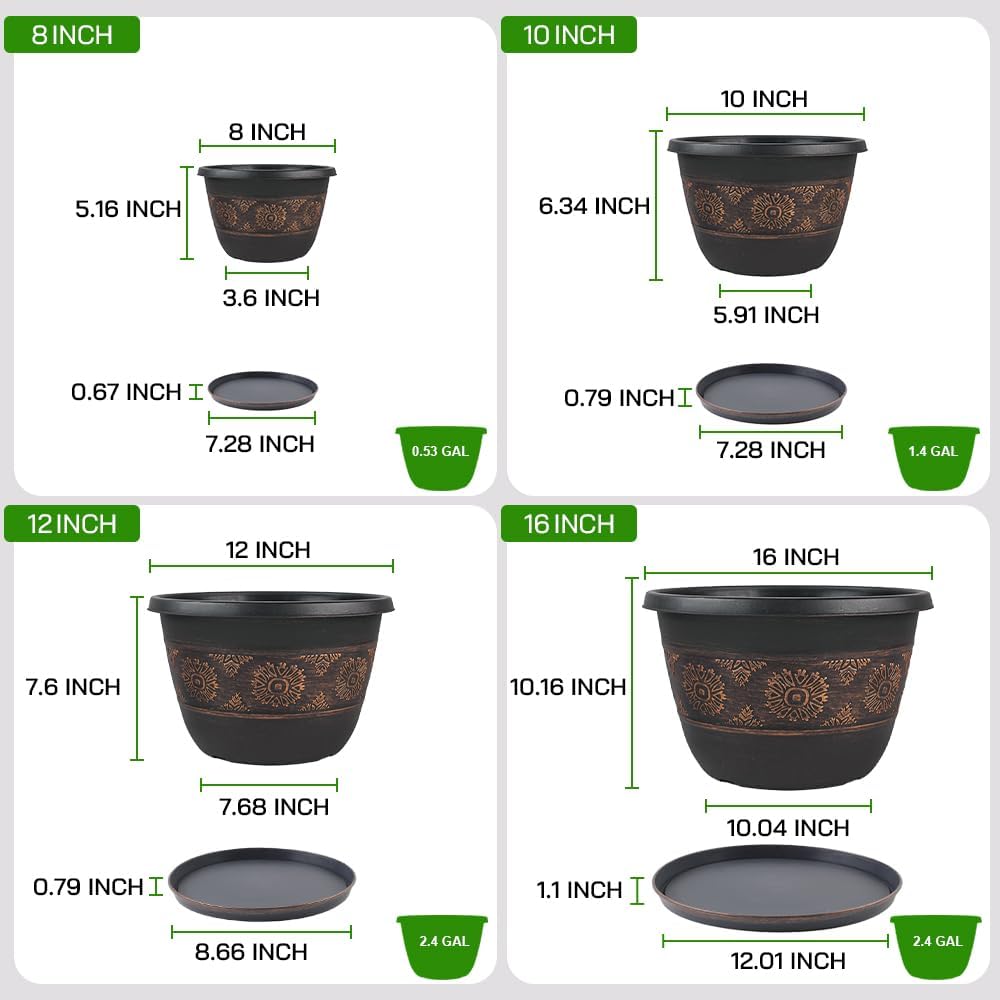 10 Inch Retro Plant Pots 4 Pack with Drainage and Saucers Copper | Copper retro PP pots with drainage holes and