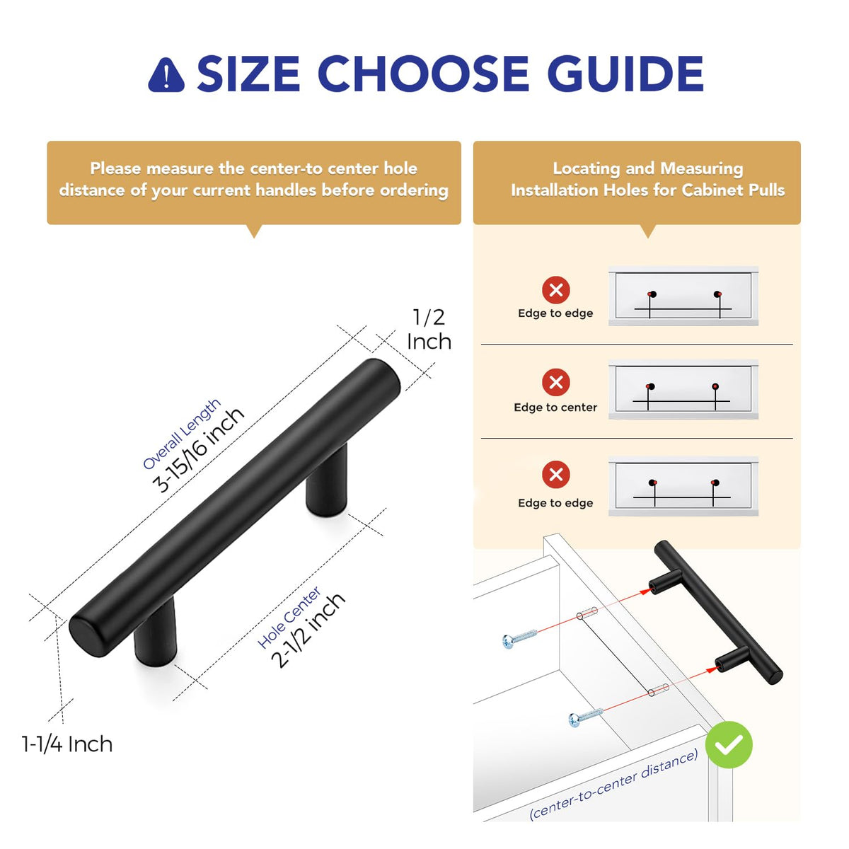 Matte Black Cabinet Handles,Round T Pulls,2-1/2 Inch,20 Pack