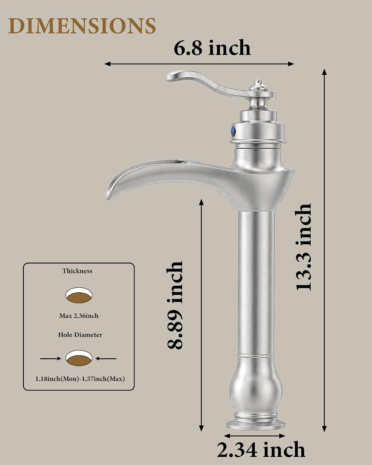 Vessel Sink Faucet Brushed Nickel Tall Waterfall Bathroom Faucet