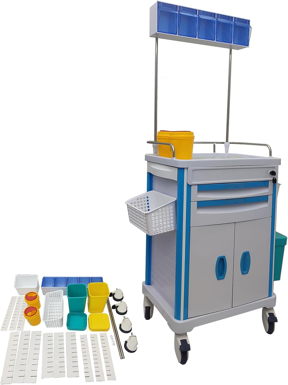 Mobile Emergency Crash Cart Anesthesia Cart with Lock, 2 Drawers, 2 Trash Bins, Concealed Workstation & PEG Board for