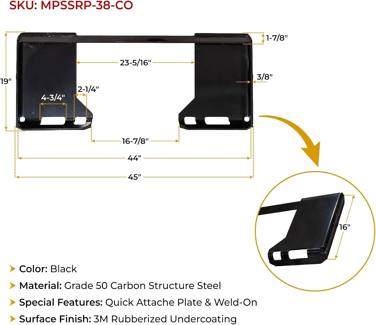 3/8" Cut-Out Skid Steer Attachment Mount Plate Compatible with Kubota, Bobcat, and Deere - 7,000 lbs WLL Weld-On