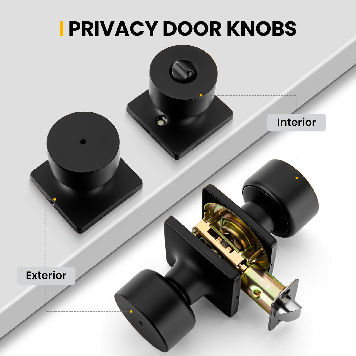 Matte Black Door Knobs Interior, Privacy Bedroom Door Knob with Lock, Black Interior Door Knobs Bathroom 1 Pack