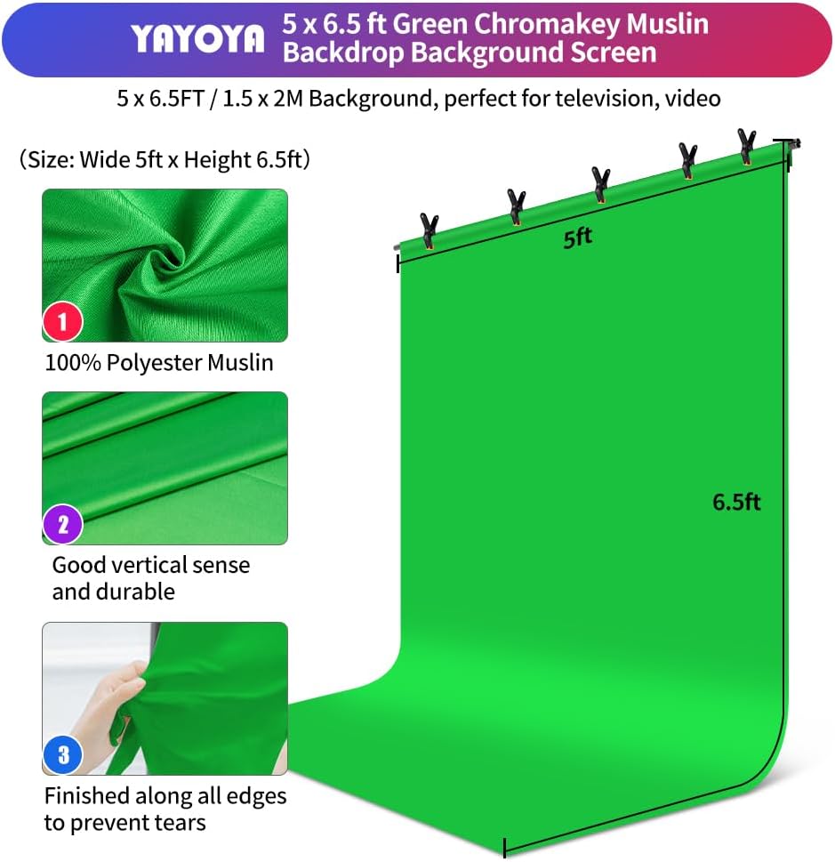 Green Screen Backdrop Stand Kit, 5x6.5FT Portable Greenscreen | Adjustable, carrying bag & 5 clamps, chromakey