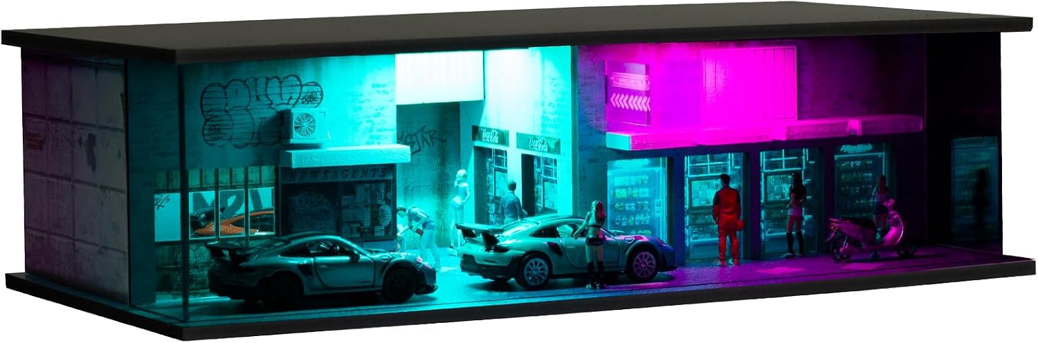 1/64 Scale Display Case Car Garage Diorama, Cyberpunk Acrylic Clear Diecast Car Showcase with Blue & Purple LED
