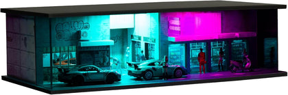 1/64 Scale Display Case Car Garage Diorama, Cyberpunk Acrylic Clear Diecast Car Showcase with Blue & Purple LED