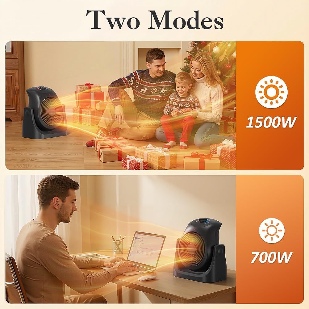 2 in 1 Heater Fan Combo, Portable Space Heater Cooling Desk Fan, Air Circulator Fan 45° Tilt, 2 Wind Speeds, 1500W