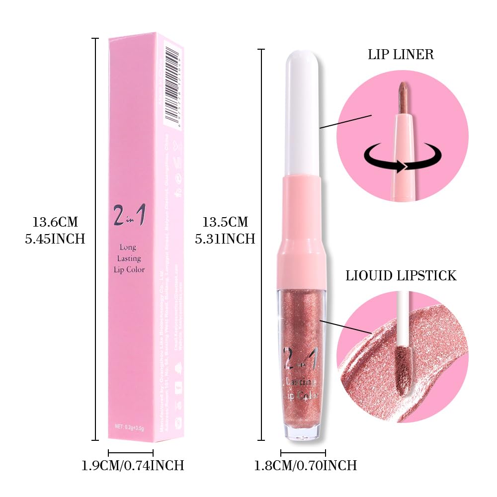 Rose Gold Metallic Lip Liner and Lipstick Combo Lip Gloss Tints Stain Set Makeup for Women Long Lasting Waterproof