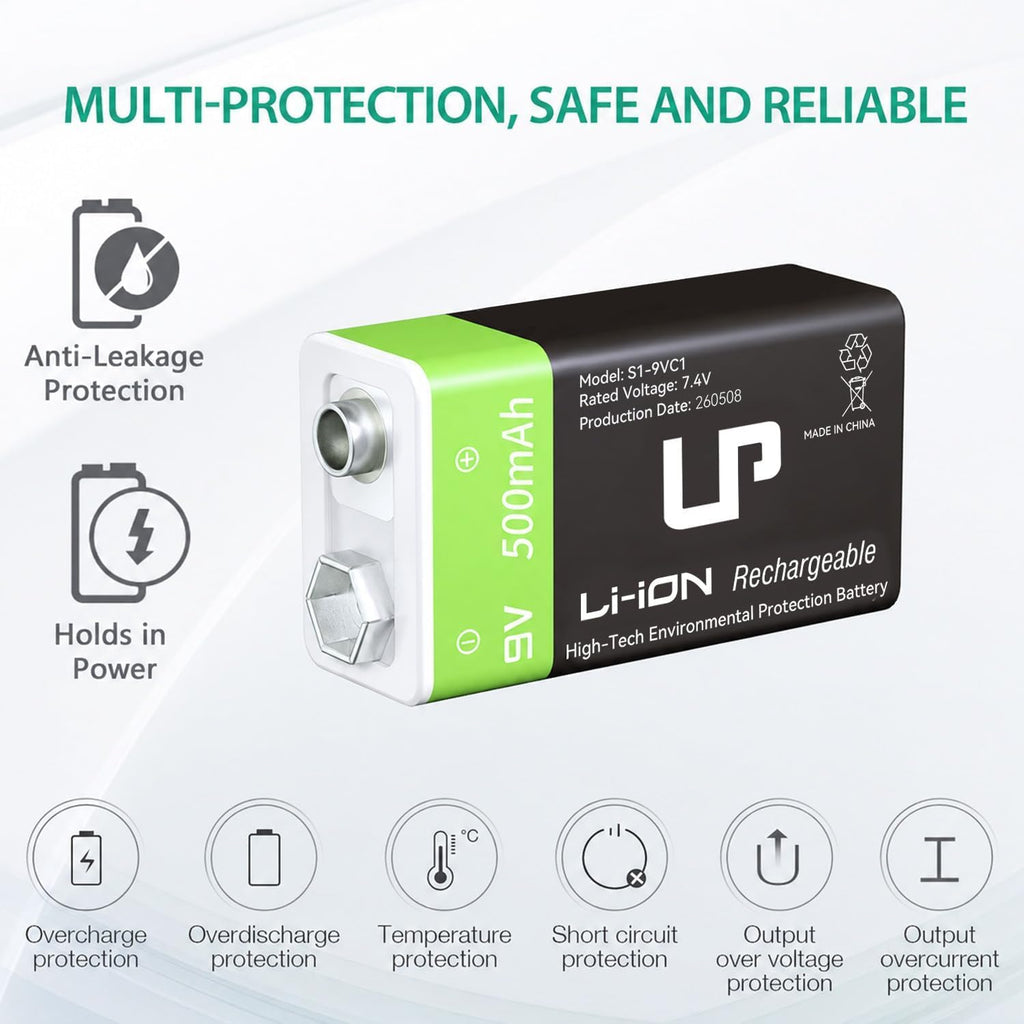 9V Rechargeable Battery Pack 4-Pack 500mAh Li-ion 9 Volt | Battery for Alarms, Wireless Microphones, Smoke Detectors