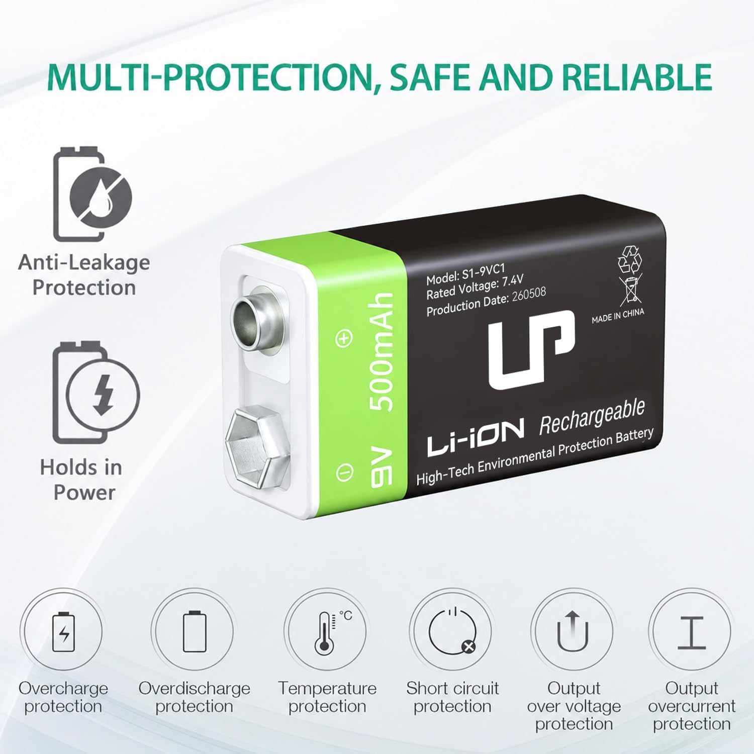 9V Rechargeable Battery Pack 4-Pack 500mAh Li-ion 9 Volt | Battery for Alarms, Wireless Microphones, Smoke Detectors