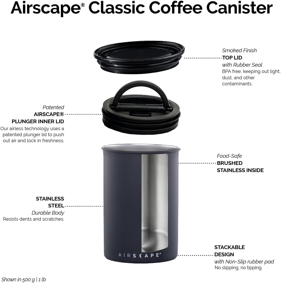 Airscape Stainless Steel Coffee Canister | Food Storage Container | US Patented Inner Plunger Lid REMOVES Excess