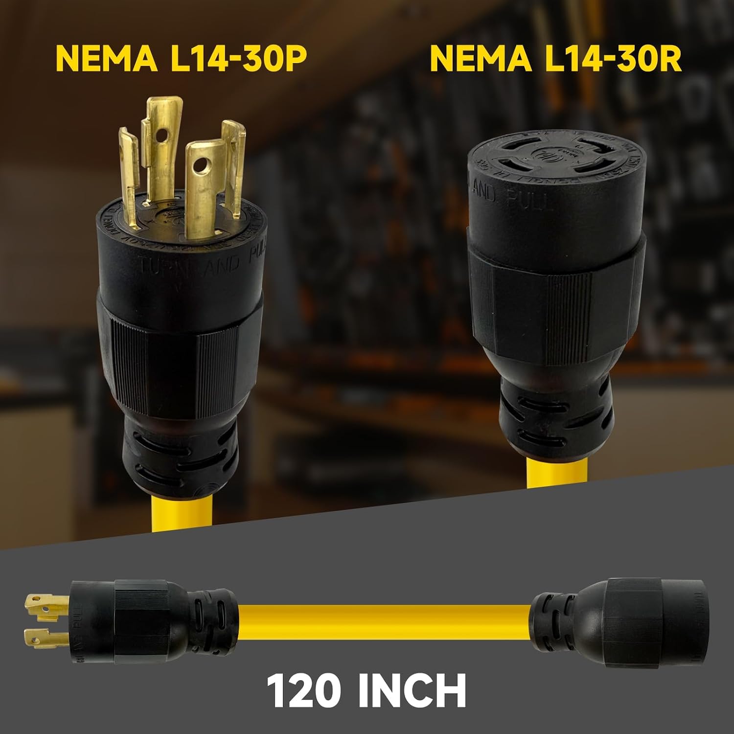 15 Ft 10/4 30-Amp Generator Outdoor Extension Cord, L14-30P/R, Yellow | 10 Gauge SJTW 4-Prong 125/250V 7500W NEMA