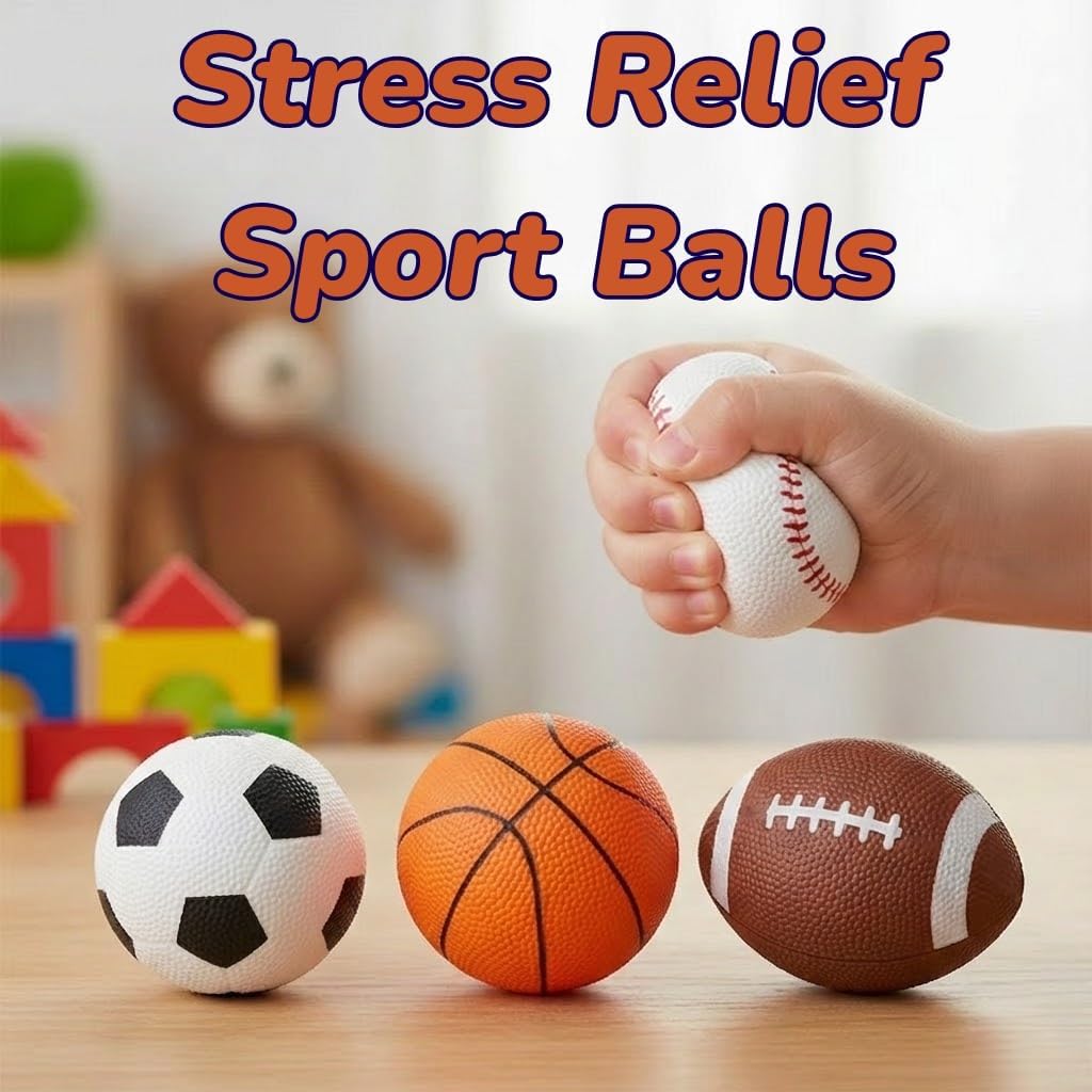 Sports Stress Foam Balls for Kids 2.5" - Set of 4 - Includes Basketball, Football, Baseball, and Soccer Squeezable