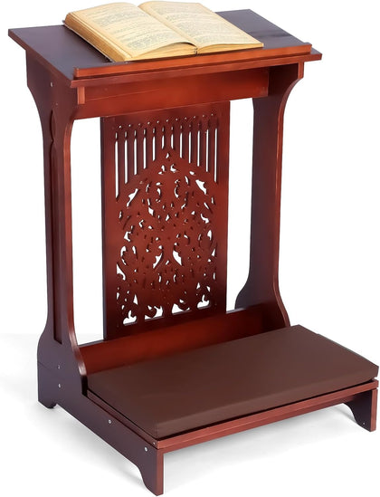 Tree of Life Church Prayer Bench Stool Wooden Padded Kneeler with Shelf and Cushion Prayer Kneeler for Home Church