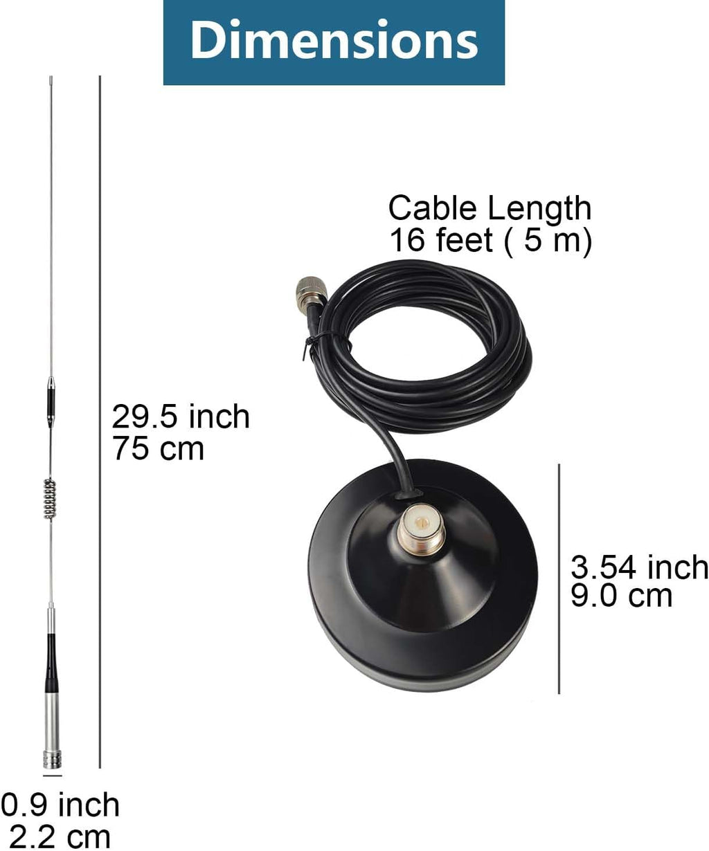 Dual Band VHF UHF Mobile Antenna 136-174MHz 400-470MHz (70cm & 2 Meter) Magnetic Mount Antenna with Ground Planes