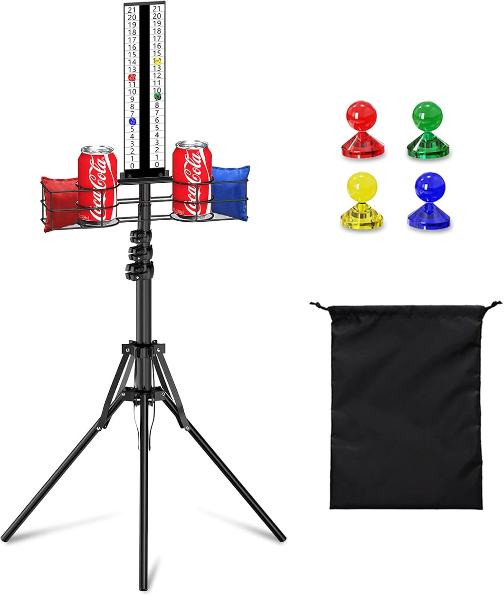 Cornhole Scoreboard with Drink Holder, Height Adjustable Foldable Cornhole Score Keeper with Storage Rack Includes 4