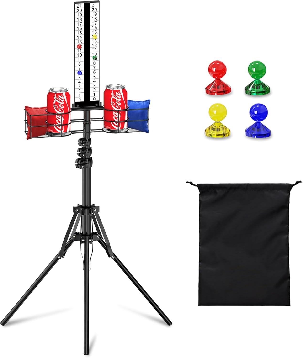 Cornhole Scoreboard with Drink Holder, Height Adjustable Foldable Cornhole Score Keeper with Storage Rack Includes 4