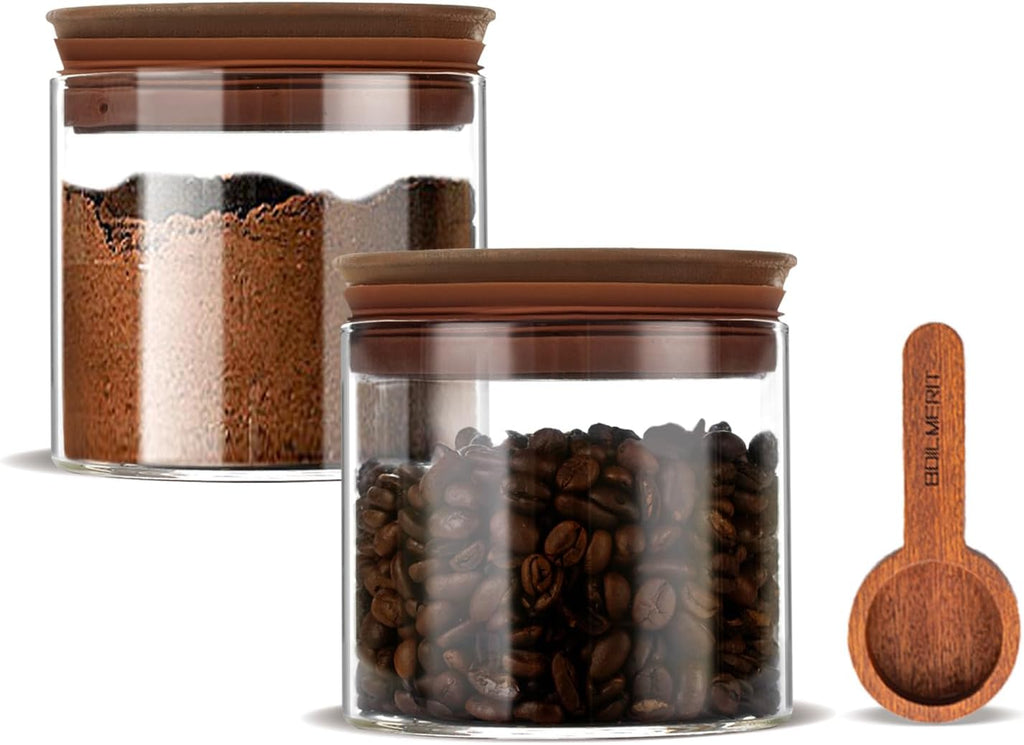 17 oz Coffee Canister with Scoop and Wooden Lids, Airtight Glass Coffee Beans Storage Container Sets of 2 for Ground